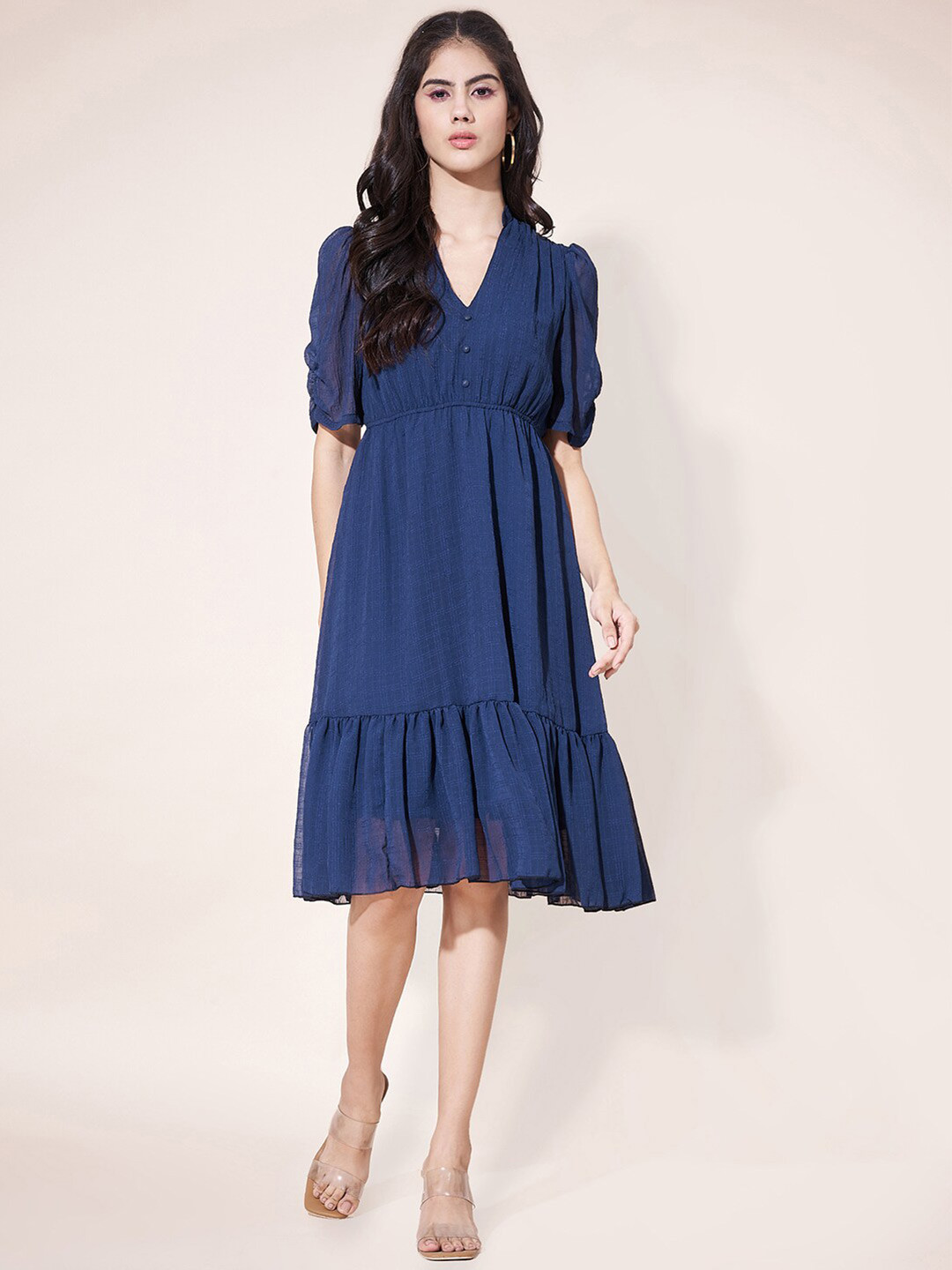Justin Whyte Mandarin Collar Puff Sleeve Tiered Chiffon A-Line Dress