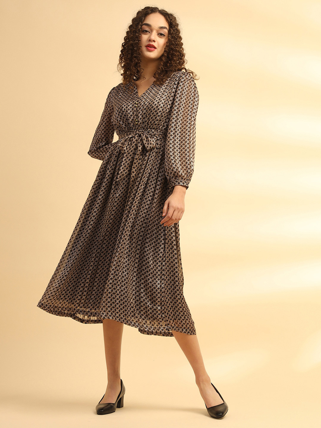 Justin Whyte Geometric Printed Mandarin Collar Georgette Fit & Flare Midi Dress