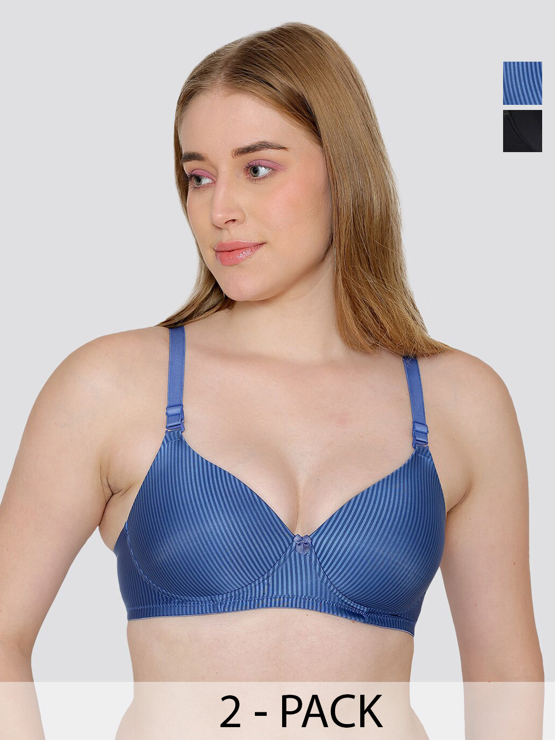 MAASHIE Pack of 2 Striped Pattern Padded T-Shirt Bra BLU-BLK