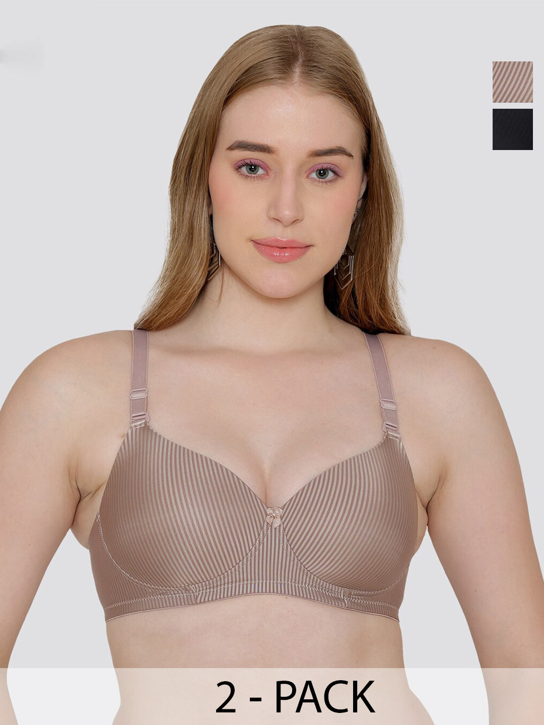 MAASHIE Pack of 2 Striped Pattern Padded T-Shirt Bra FWN-BLK