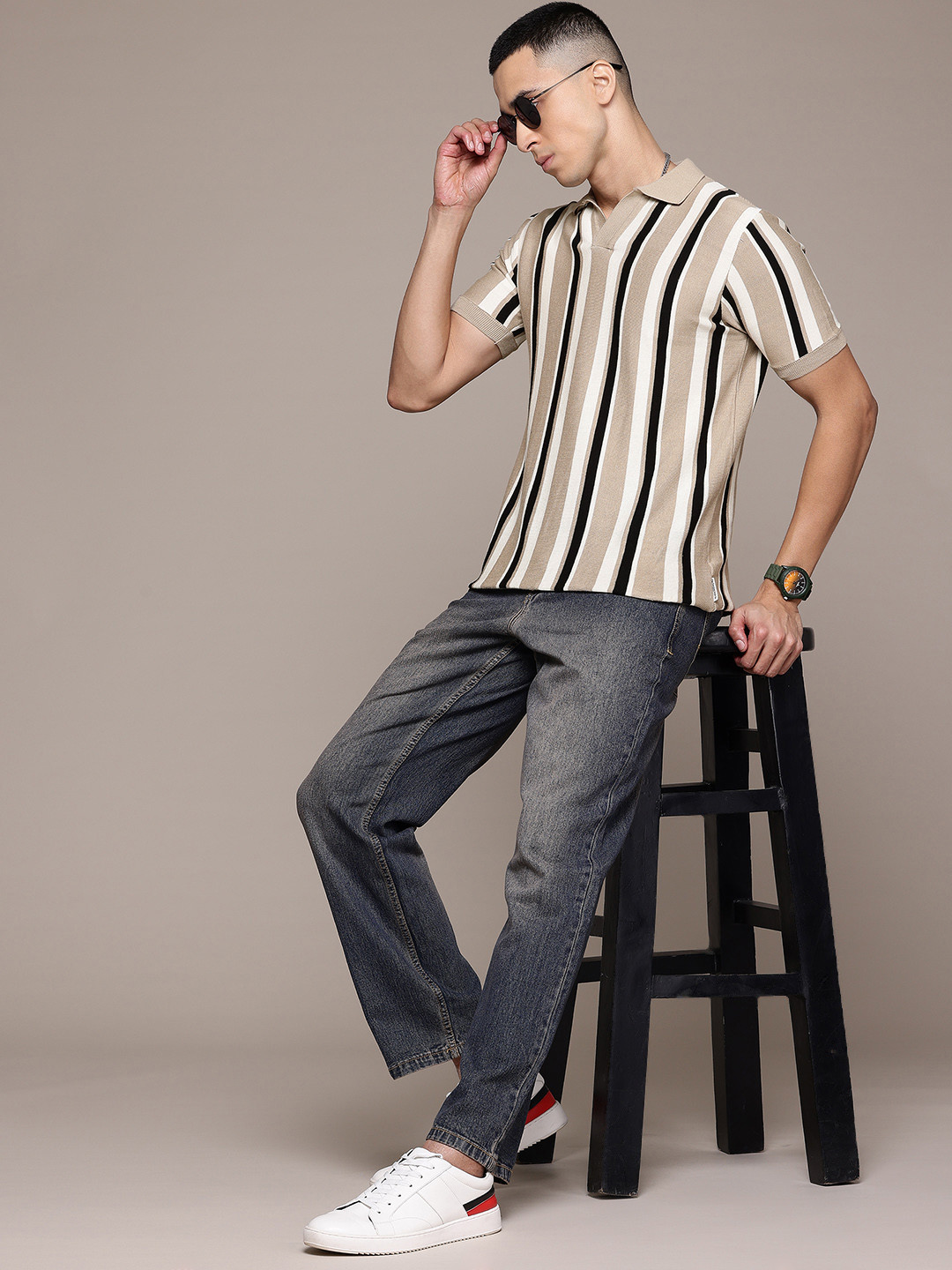 Roadster Shadow Striped Polo Collar Pure Cotton T-shirt