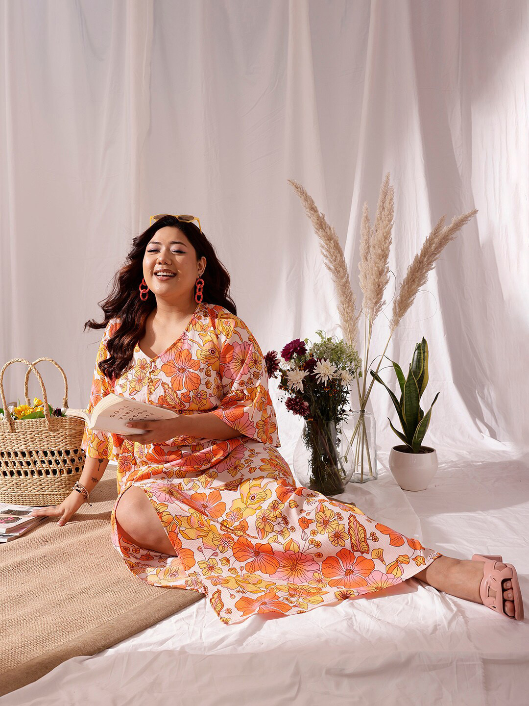 CURVY STREET Plus Size Floral Print V-Neck Machine Wash A-Line Maxi Dress