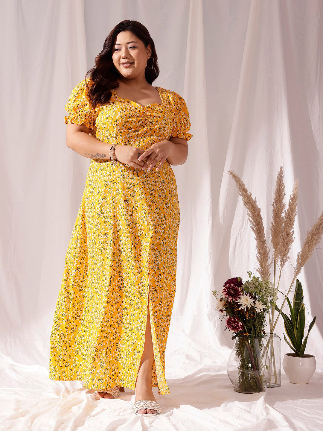 CURVY STREET Yellow Floral Printed Flared Puff Sleevese Fit & Flare Dress