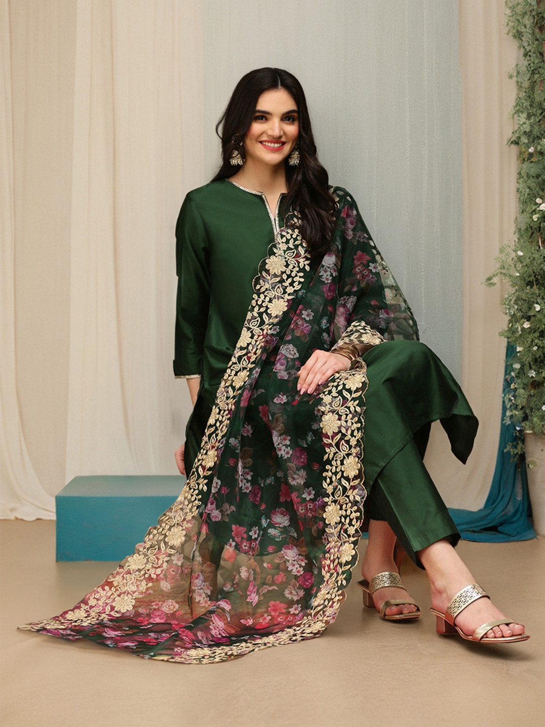 Ishin Green Thread Work Silk Crepe Straight Kurta With Trousers & Dupatta