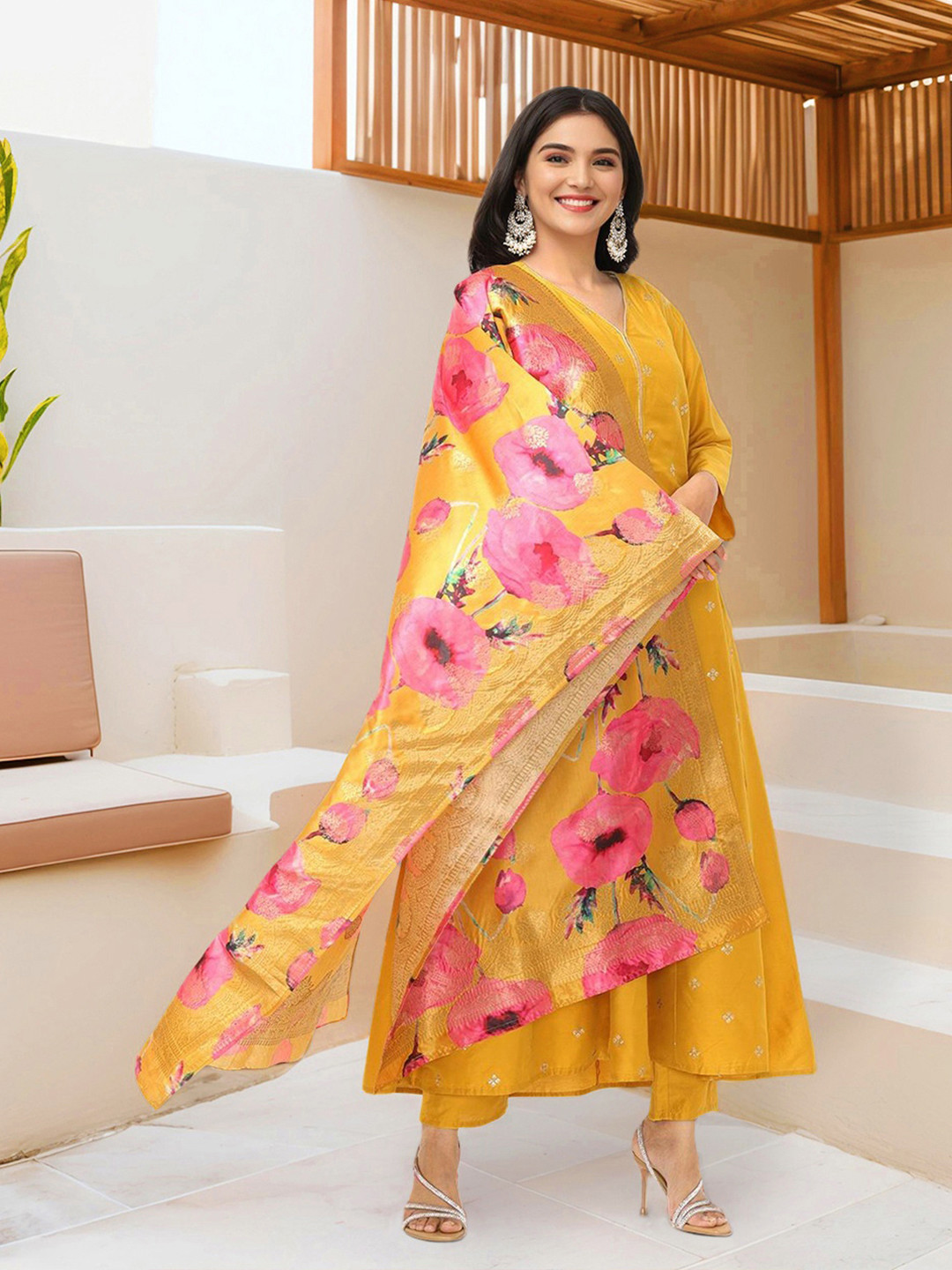 Ishin Yellow Embroidered Sequinned Silk Crepe Anarkali Kurta With Trousers & Dupatta