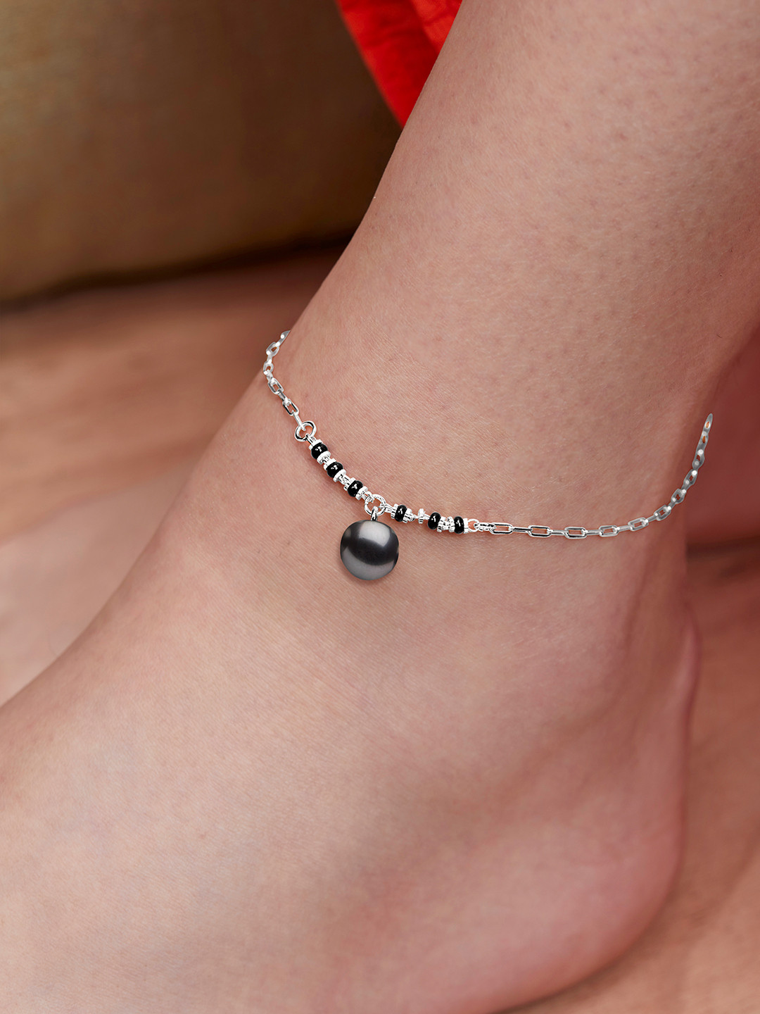 MINUTIAE Silver-Plated Stone Studded & Beaded Chain Anklet
