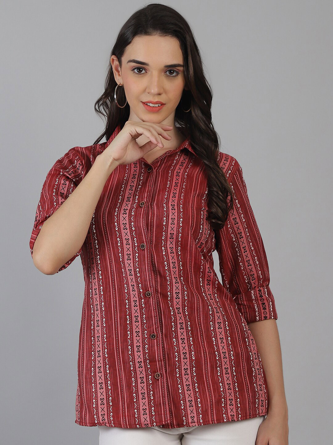 Sayesha Vertical Striped Notched Collar Cotton Opaque Casual Shirt