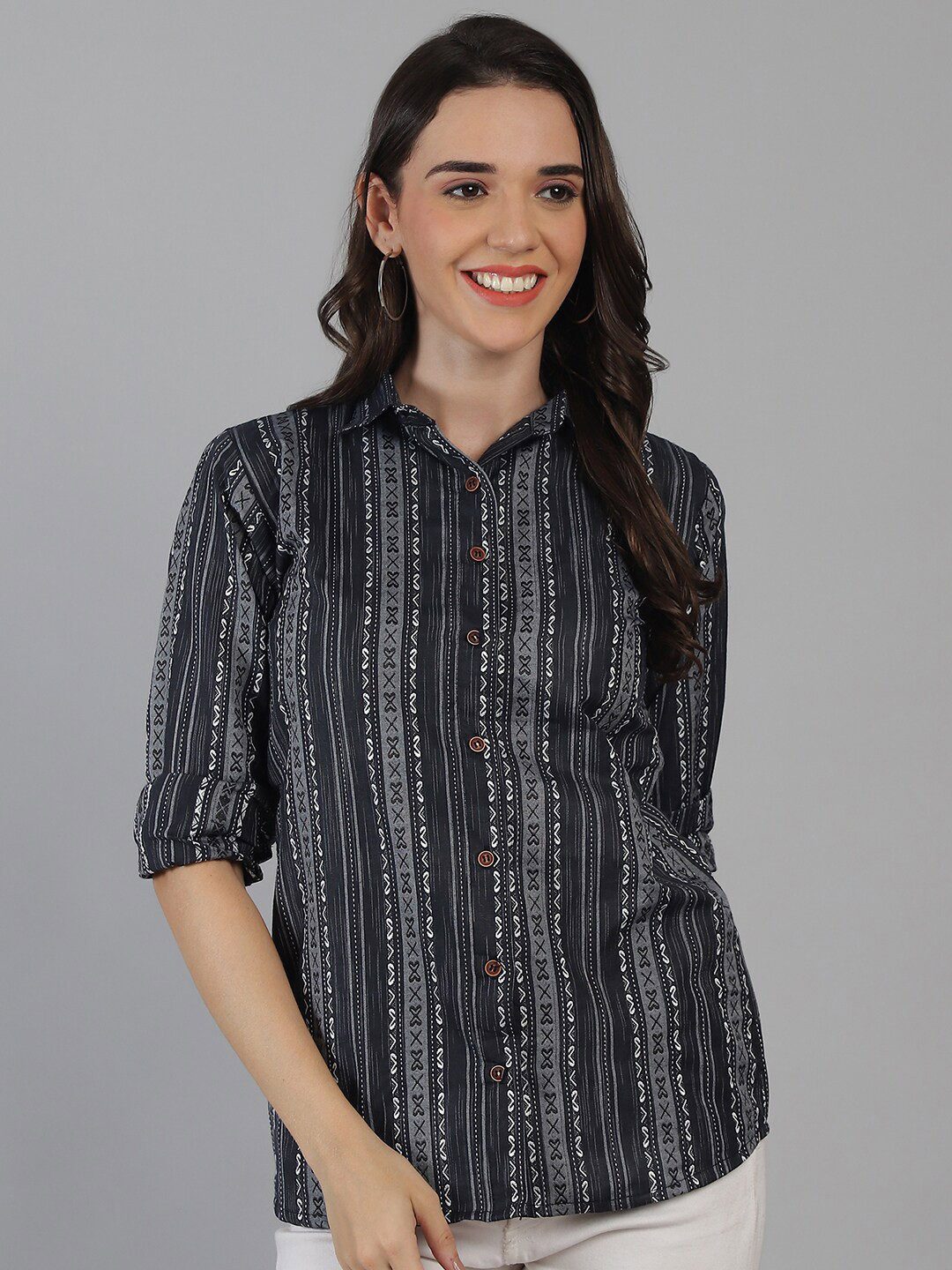 Sayesha Vertical Striped Notched Collar Cotton Opaque Casual Shirt