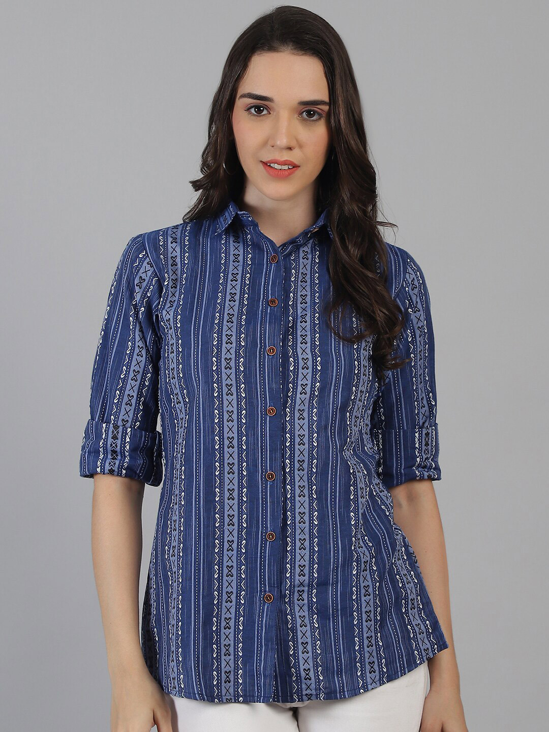 Sayesha Vertical Striped Notched Collar Cotton Opaque Casual Shirt