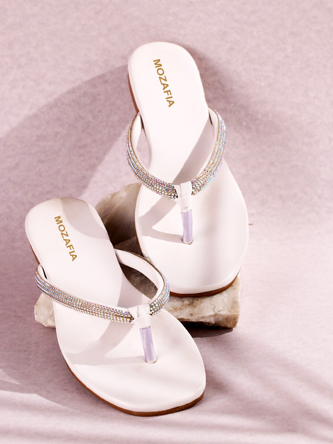 MOZAFIA Embellished T-Strap Flats