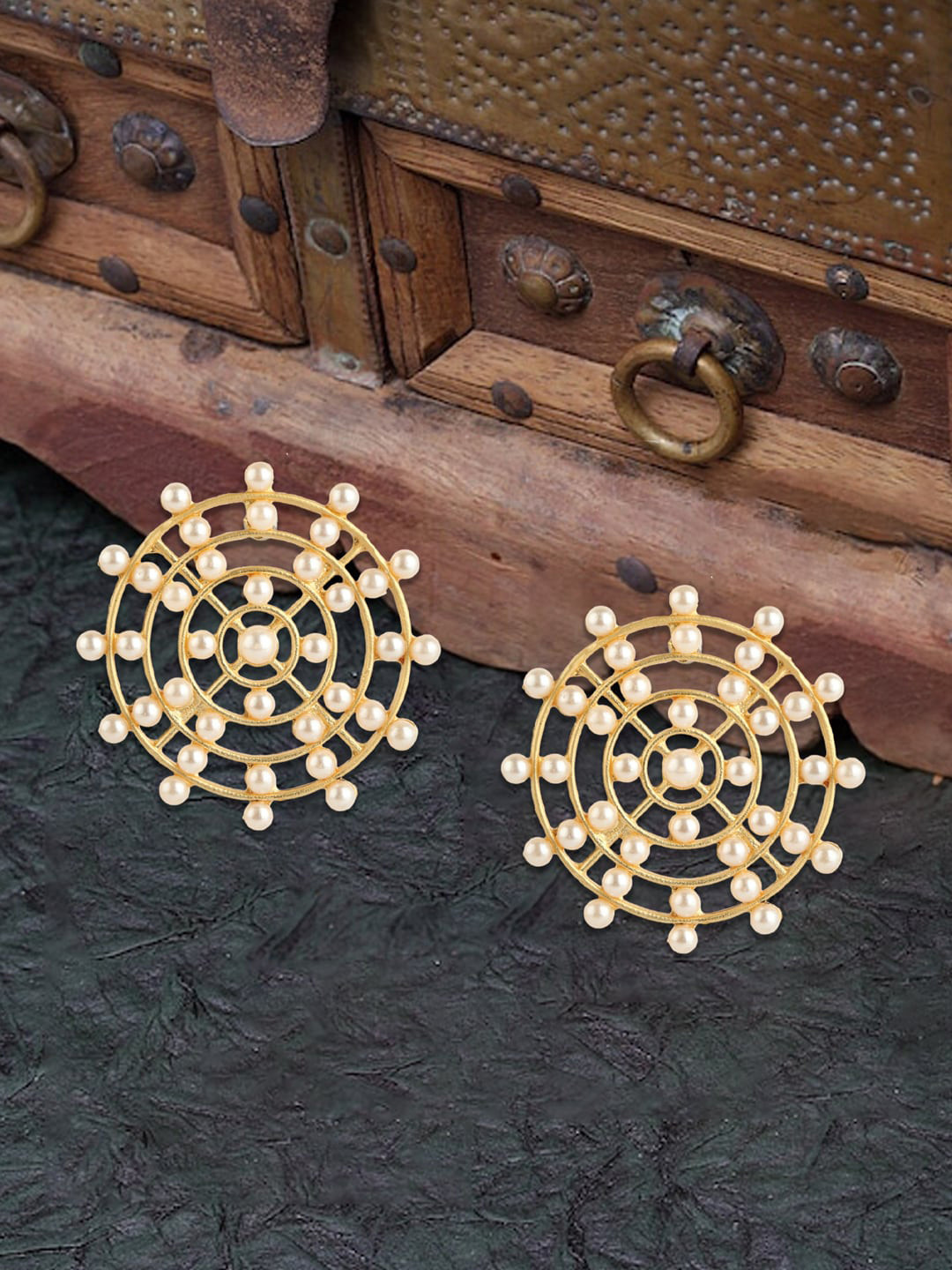Adwitiya Collection Gold-Plated Beaded Contemporary Orbit Studs