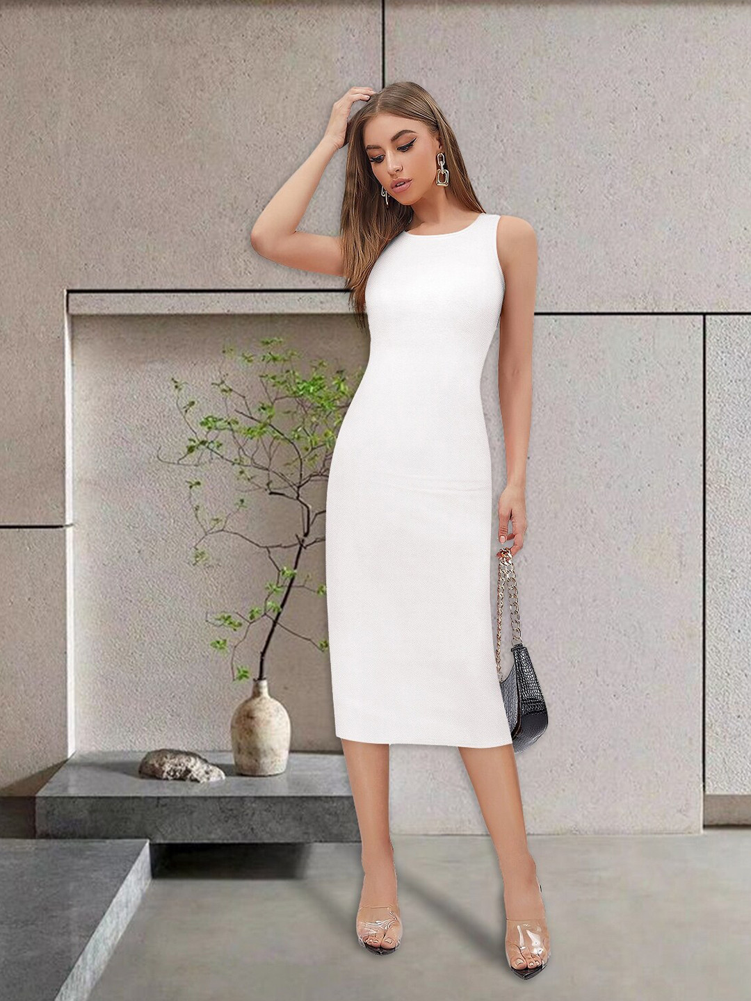 KERI PERRY Plain Straight Fit Partywear Bodycon Midi Dress