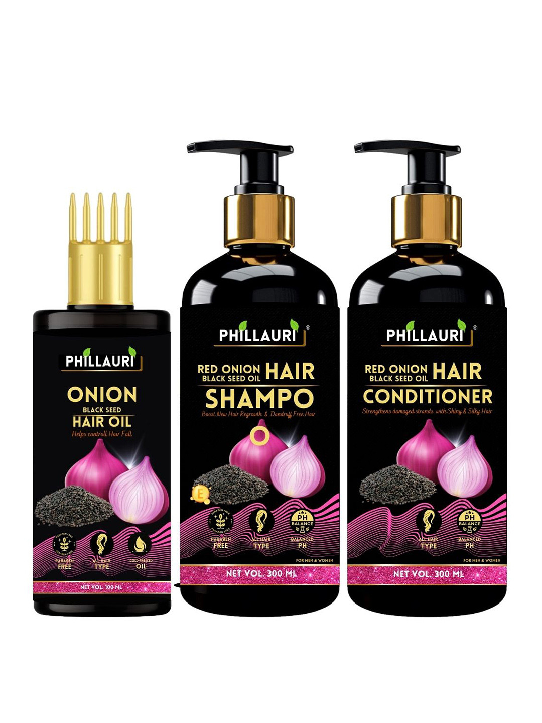 Phillauri Set of Red Onion Black Seed Hair Oil 100ml + Shampoo 300ml + Conditioner 300ml