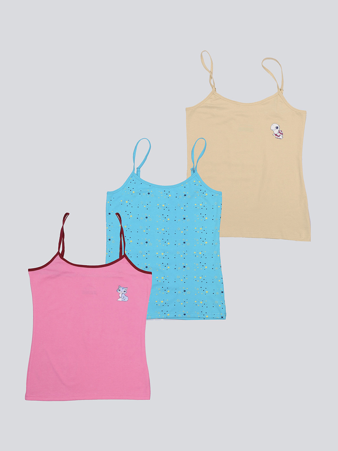 F&S Girls Pack Of 3 Printed Shoulder Strap Comfortable Fit Camisoles