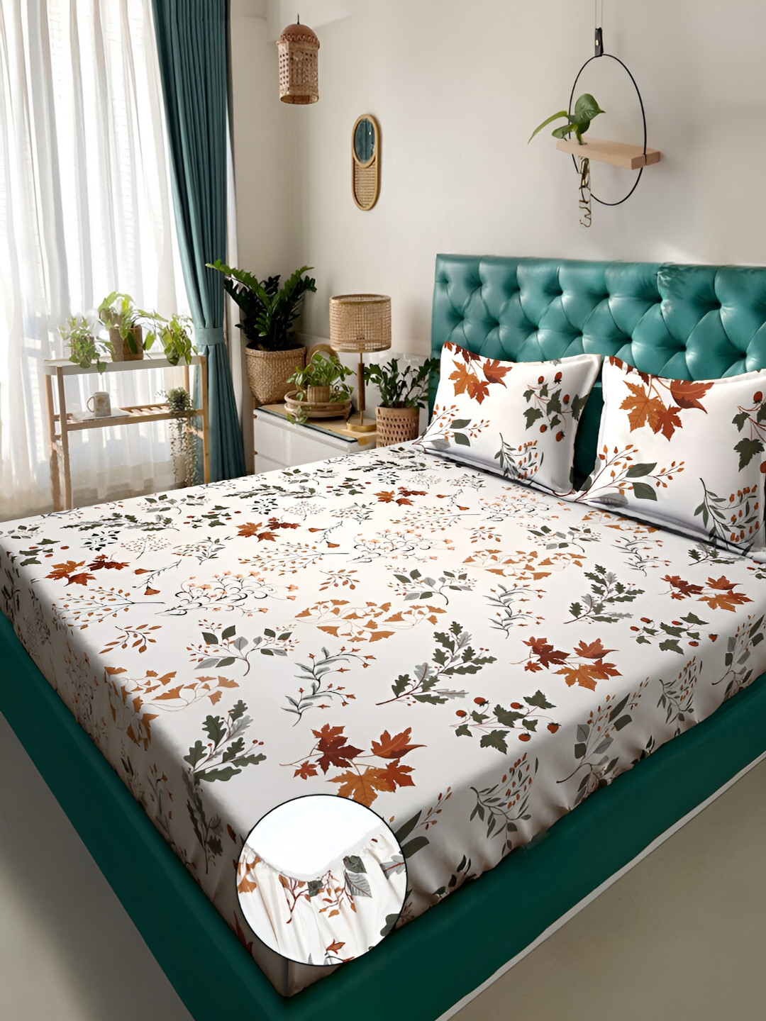KLOTTHE Off-White Floral 300 TC Fitted Super King Double Bedsheet with 2 Pillow covers