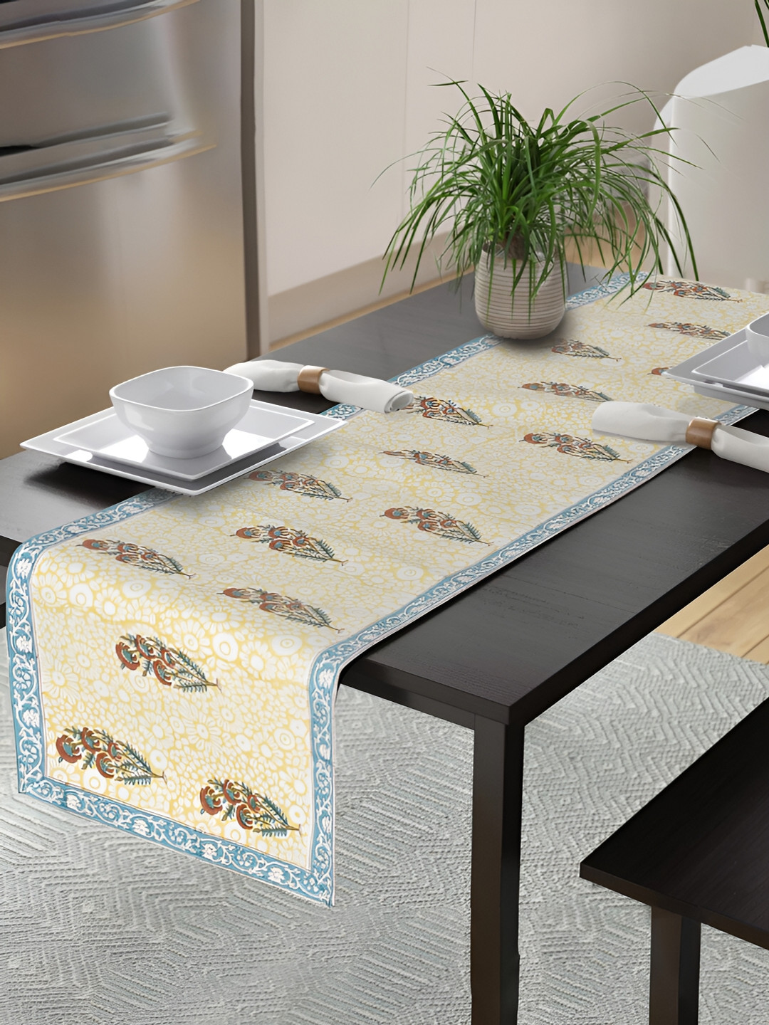 Ratan Cart Yellow & Red Floral Printed Pure Cotton Table Runner
