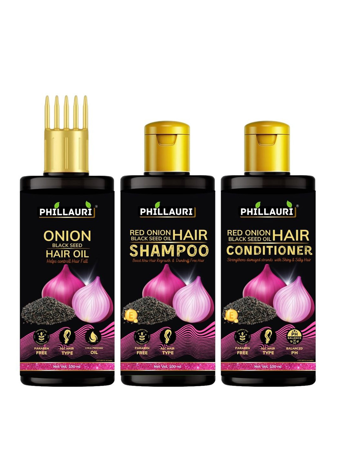 Phillauri Set of Red Onion Black Seed Hair Oil with Shampoo & Conditioner - 100ml Each
