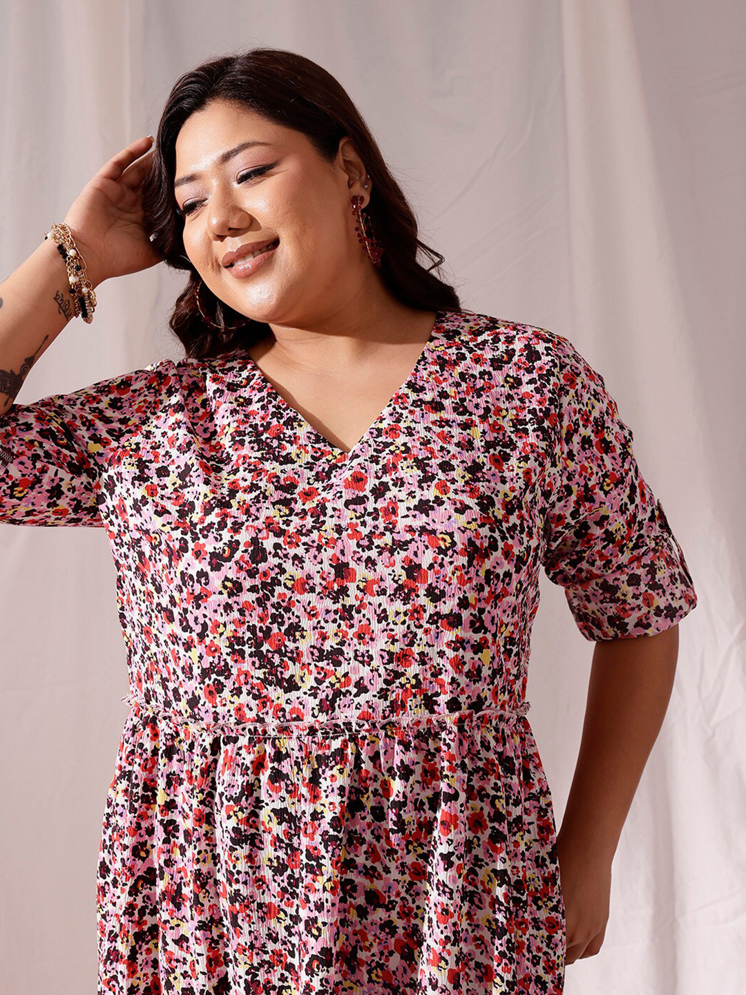 CURVY STREET Plus Size Animal Print V-Neck Long Sleeves A-Line Maxi Dress