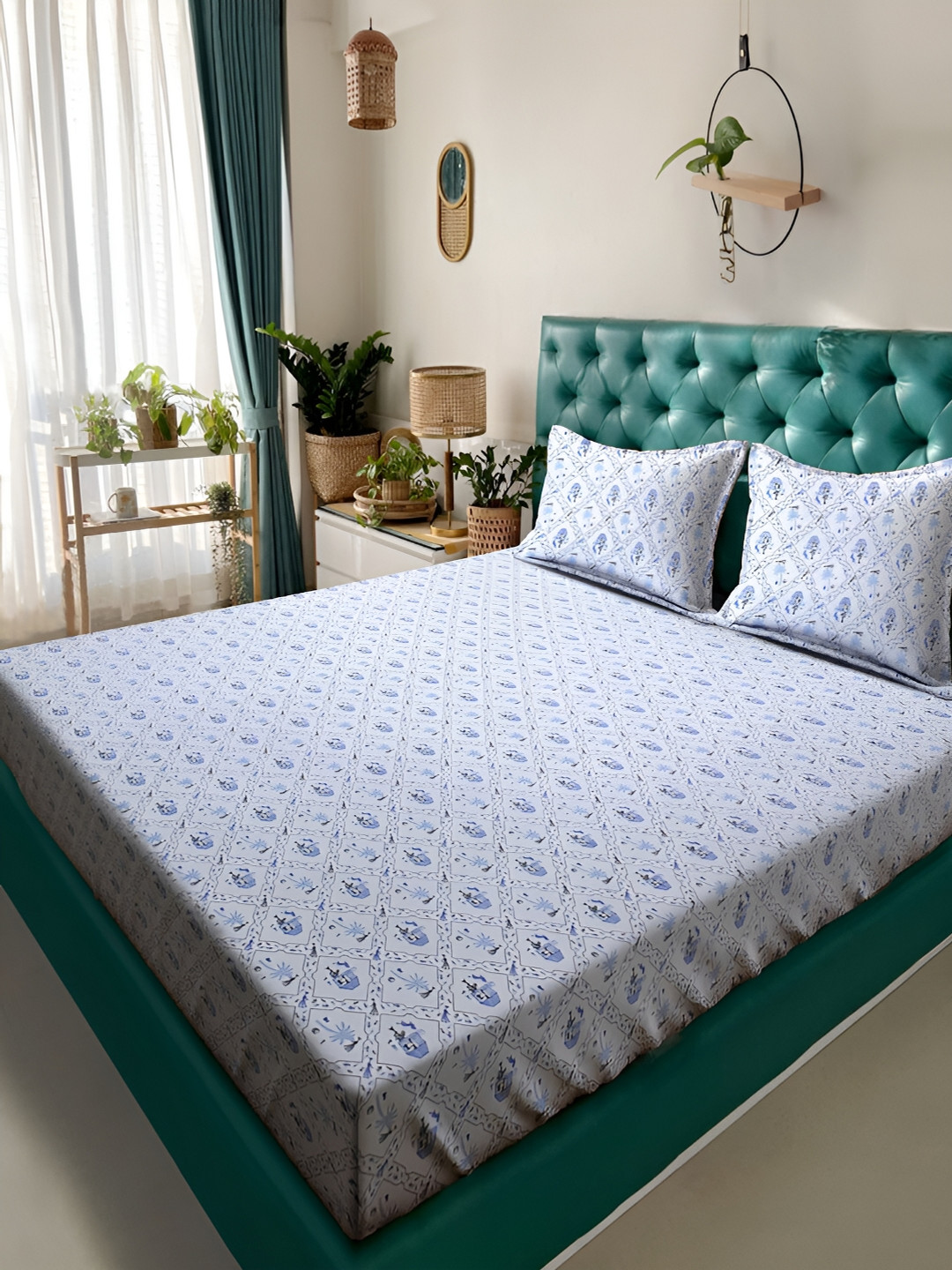KLOTTHE Lounge Fur White Floral Cotton 300 TC Double Fine Bedsheet with 2 Pillow Covers-98 x 89 inches