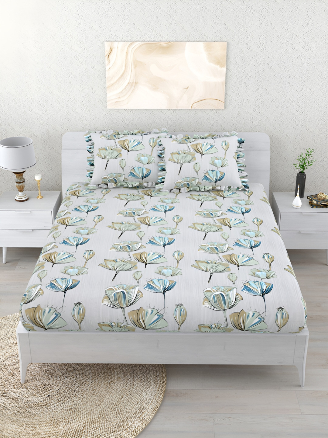 Aura Grey & Green Floral Printed 260 TC Fitted King Bedsheet With 2 Pillow Covers