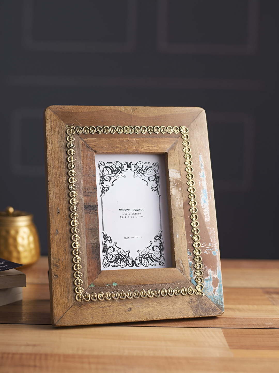 Aura Brown & Gold-Toned Wooden Table Photo Frame Brass work