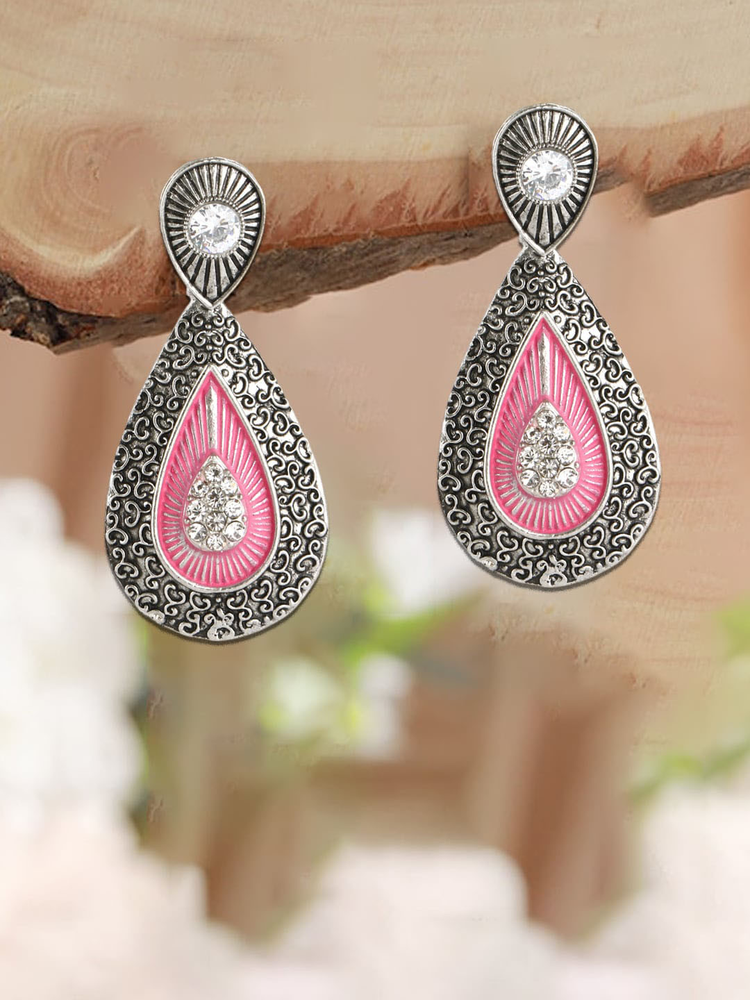 Adwitiya Collection Artificial Stones Silver Plated Oxidised Drop Earrings