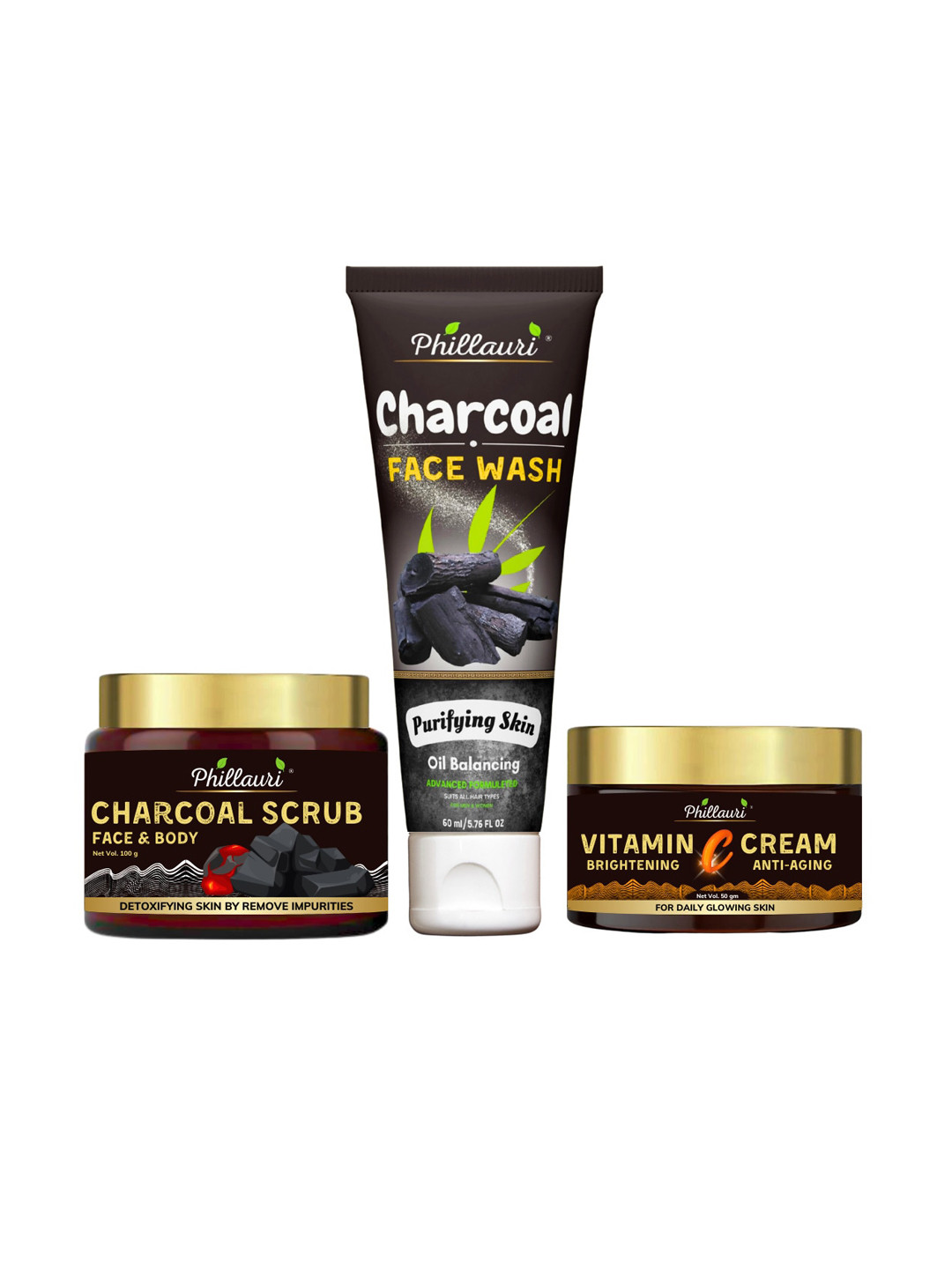 Phillauri Set of Charcoal Face & Body Scrub + Face Wash + Vitamin C Brightening Cream