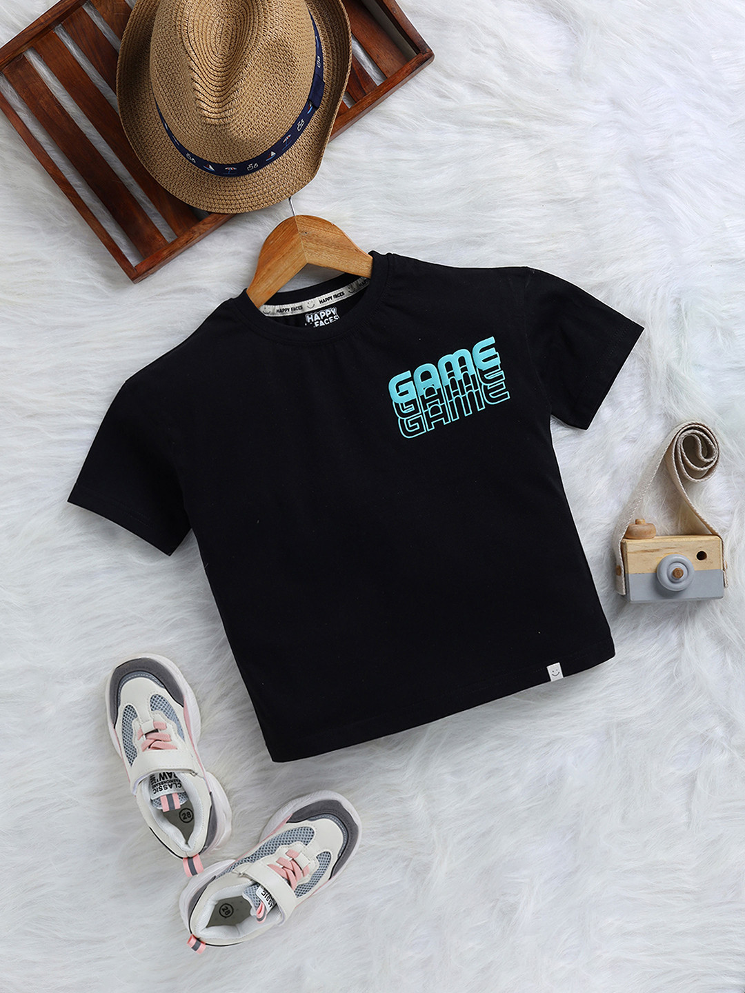 Happy Faces Boys Pure Cotton Typography Printed Back T-shirt