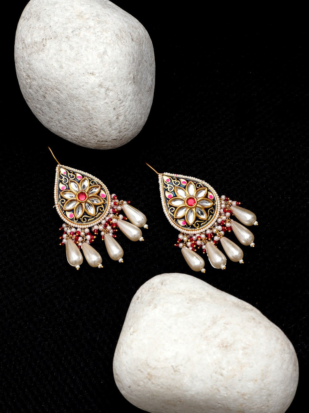 DUGRISTYLE Gold-Plated Kundan Studded & Beaded Classic Drop Earrings