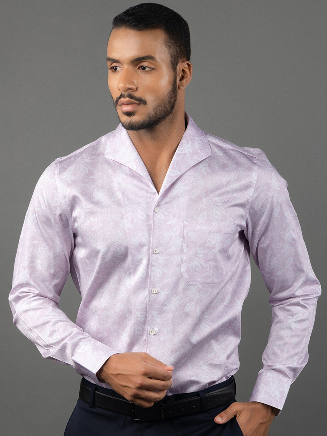 LOUIS STITCH Comfort Floral Printed Sailor Collar Long Sleeves Formal Cotton Shirt