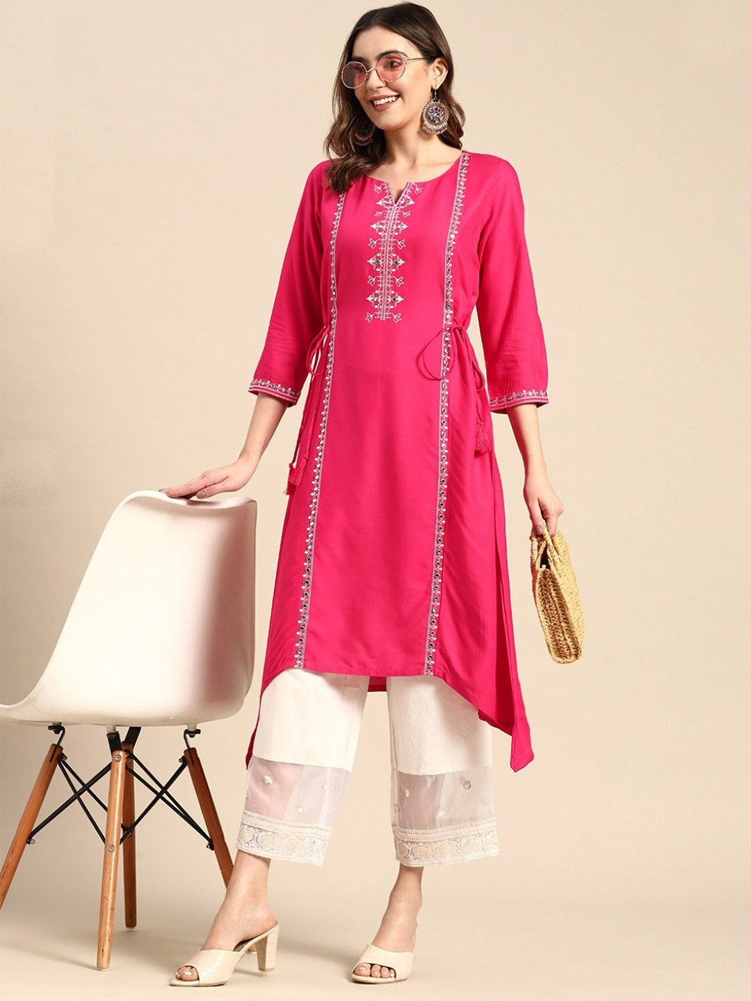 PIMU Floral Embroidered Notch Neck Mirror Work A-Line Kurta