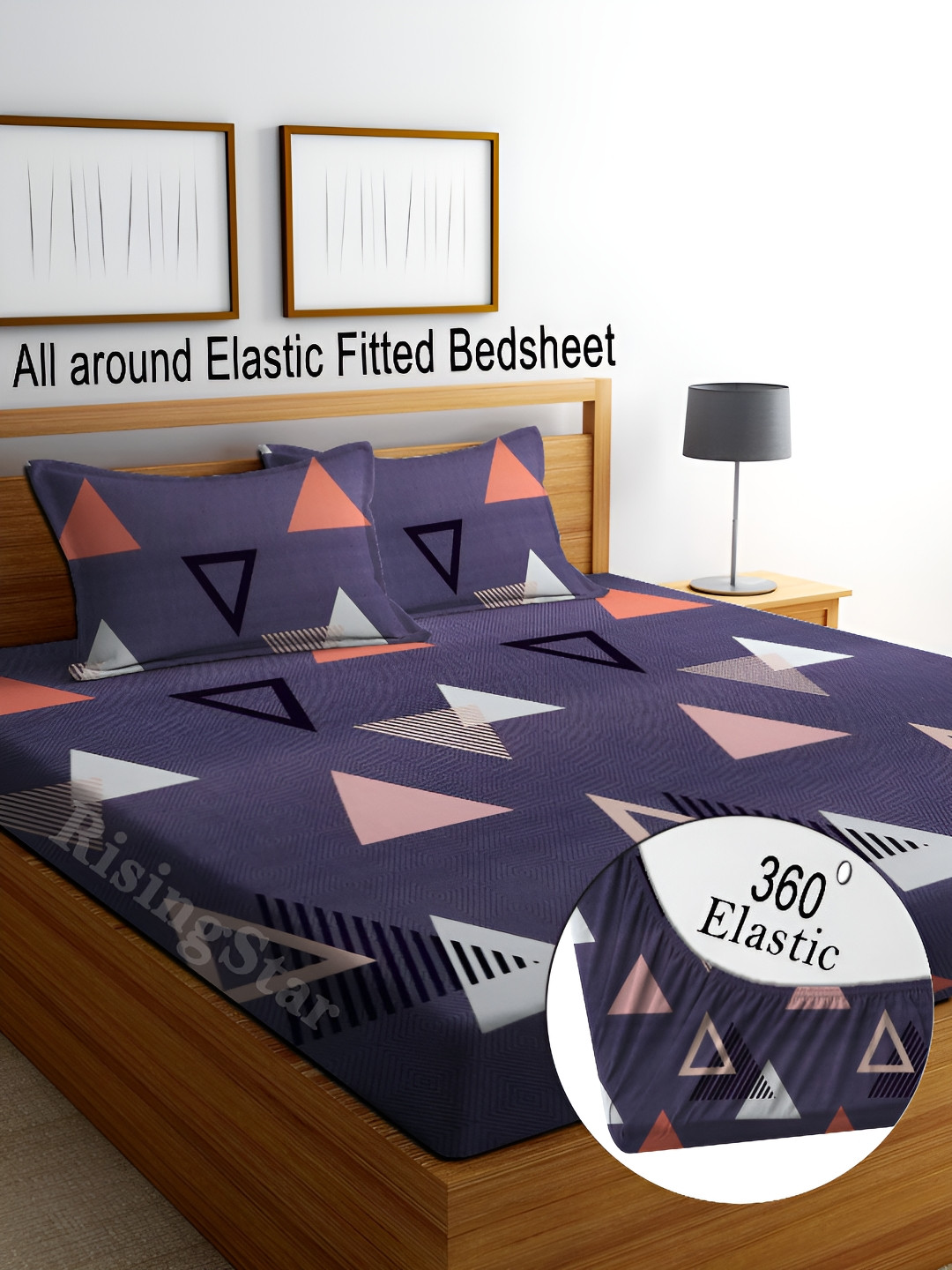 RISING STAR Grey Geometric Cotton 260 TC Fitted King Fine Bedsheet with 2 Pillow Covers-199 x 183 cm