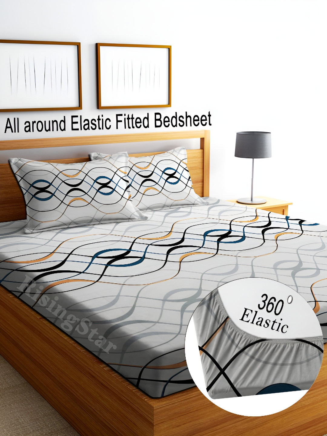 RISING STAR White Abstract Cotton 250 TC Fitted King Fine Bedsheet with 2 Pillow Covers-78 x 72 inches