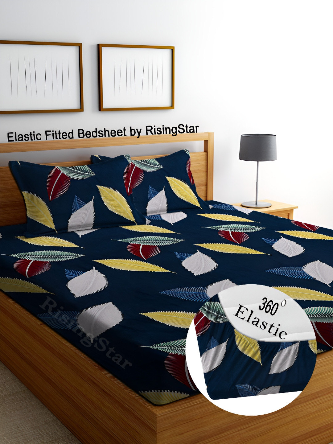 RISING STAR Black Leaf Cotton 350 TC Fitted King Fine Bedsheet with 2 Pillow Covers-78 x 72 inches