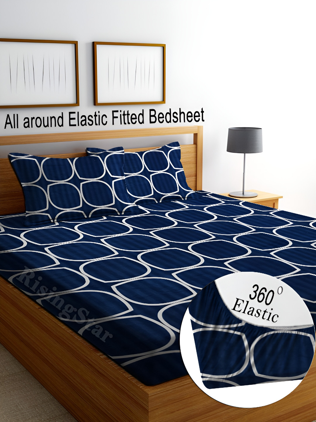 RISING STAR Blue Geometric Cotton 350 TC Fitted King Superfine Bedsheet with 2 Pillow Covers-78 x 72 inches