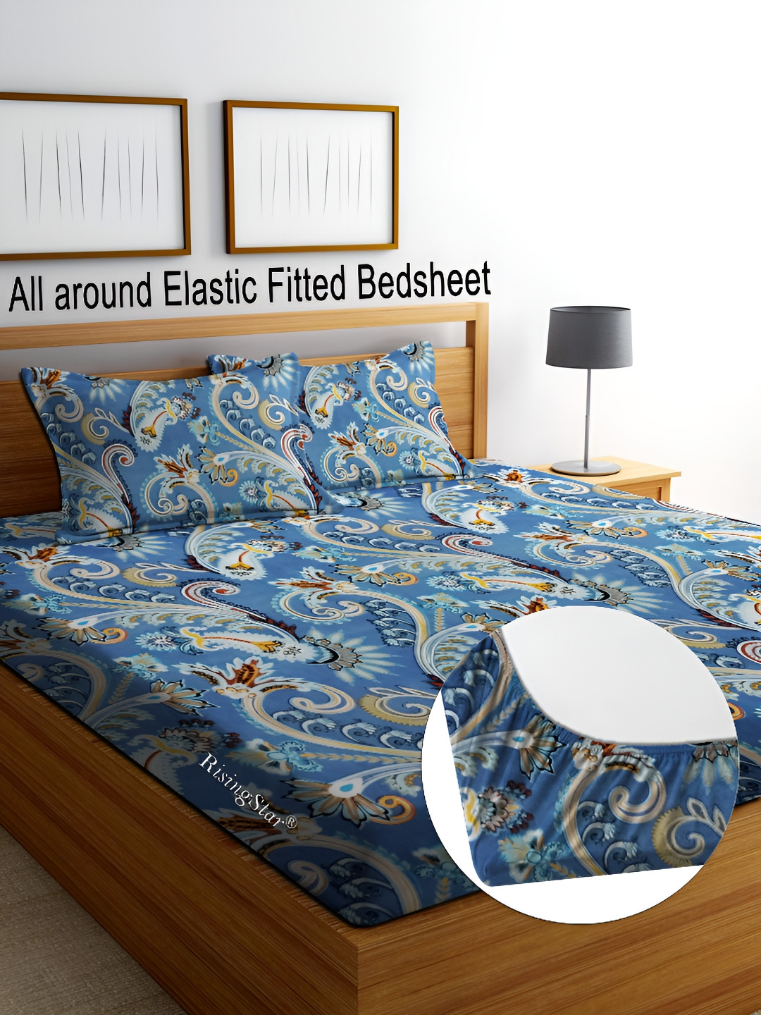 RISING STAR Blue Ethnic Motifs Cotton 250 TC Fitted King Fine Bedsheet with 2 Pillow Covers-78 x 72 inches
