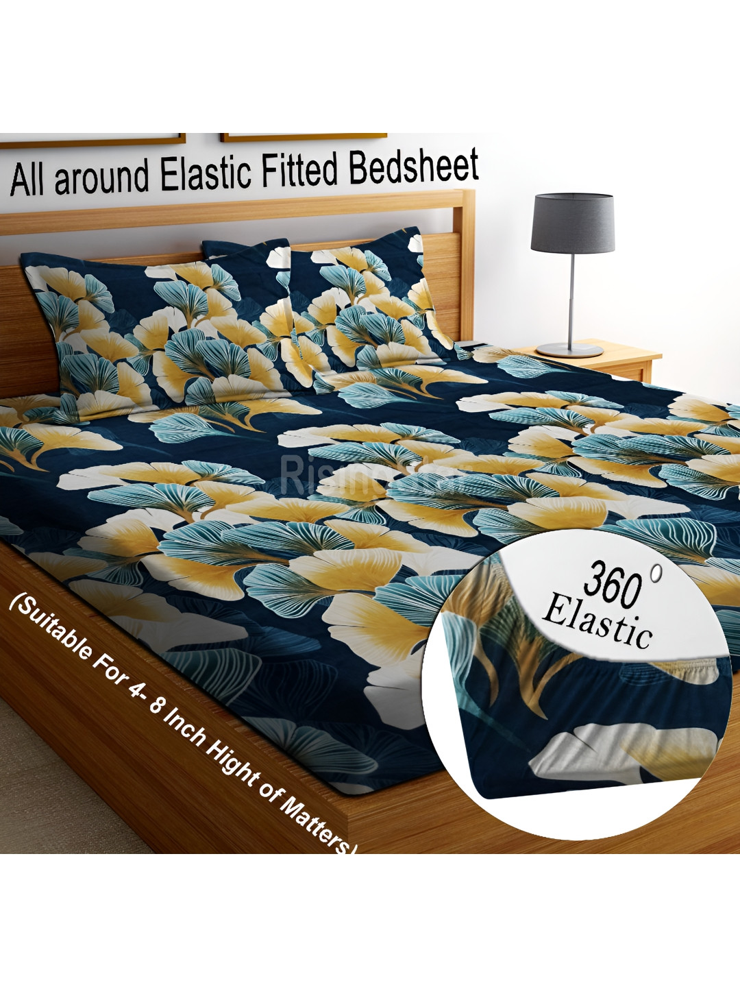 RISING STAR Blue Floral Microfiber 250 TC Fitted King Fine Bedsheet with 2 Pillow Covers-78 x 72 inches