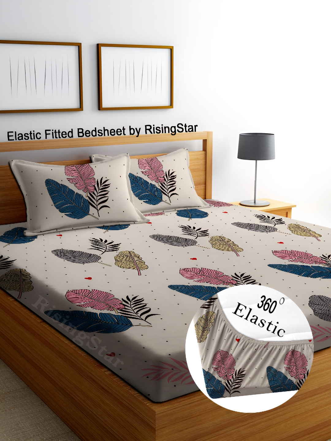 RISING STAR White Floral Cotton 250 TC Fitted King Fine Bedsheet with 2 Pillow Covers-78 x 72 inches