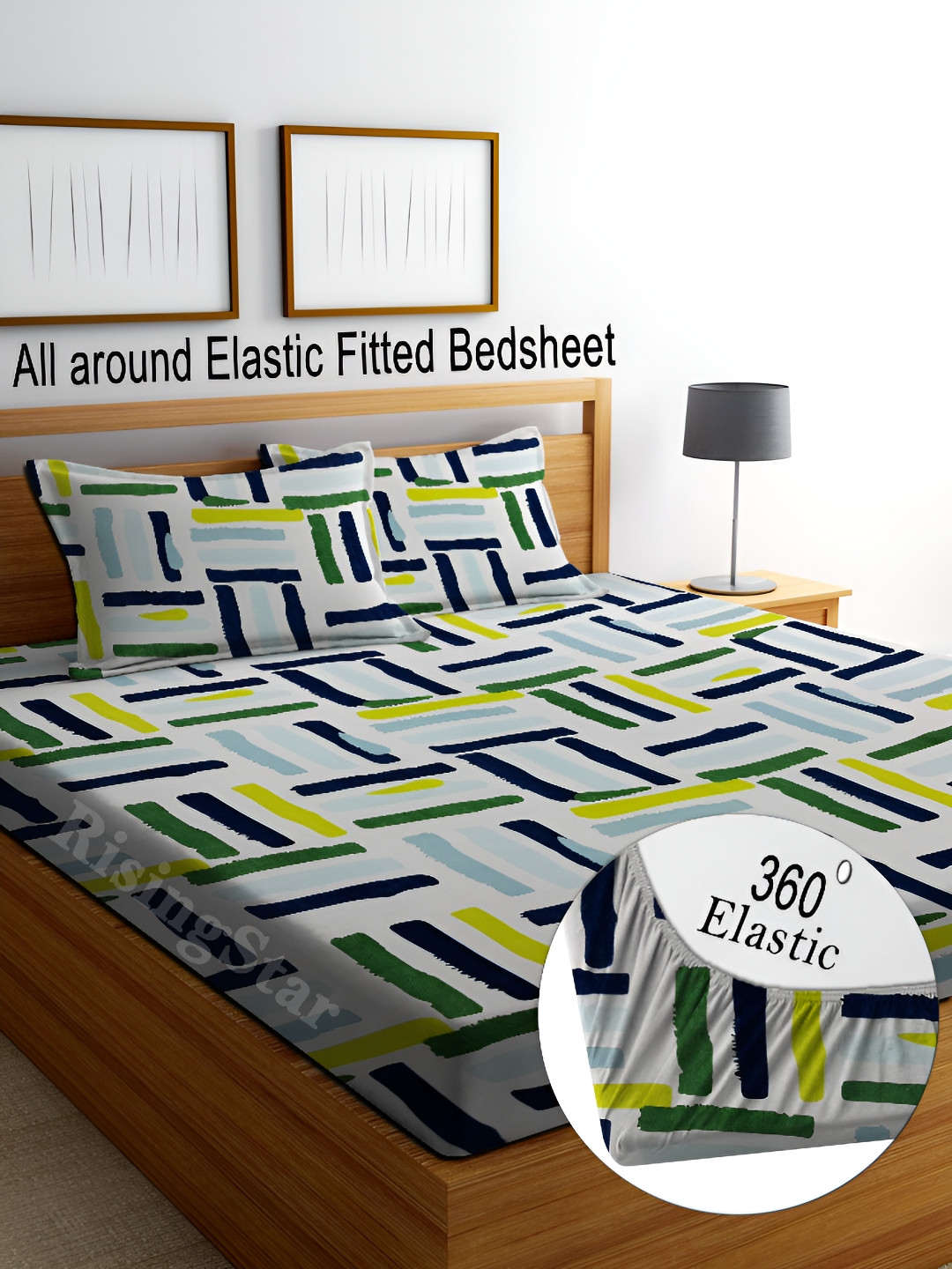 RISING STAR White Geometric Cotton 250 TC Fitted King Fine Bedsheet with 2 Pillow Covers-78 x 72 inches