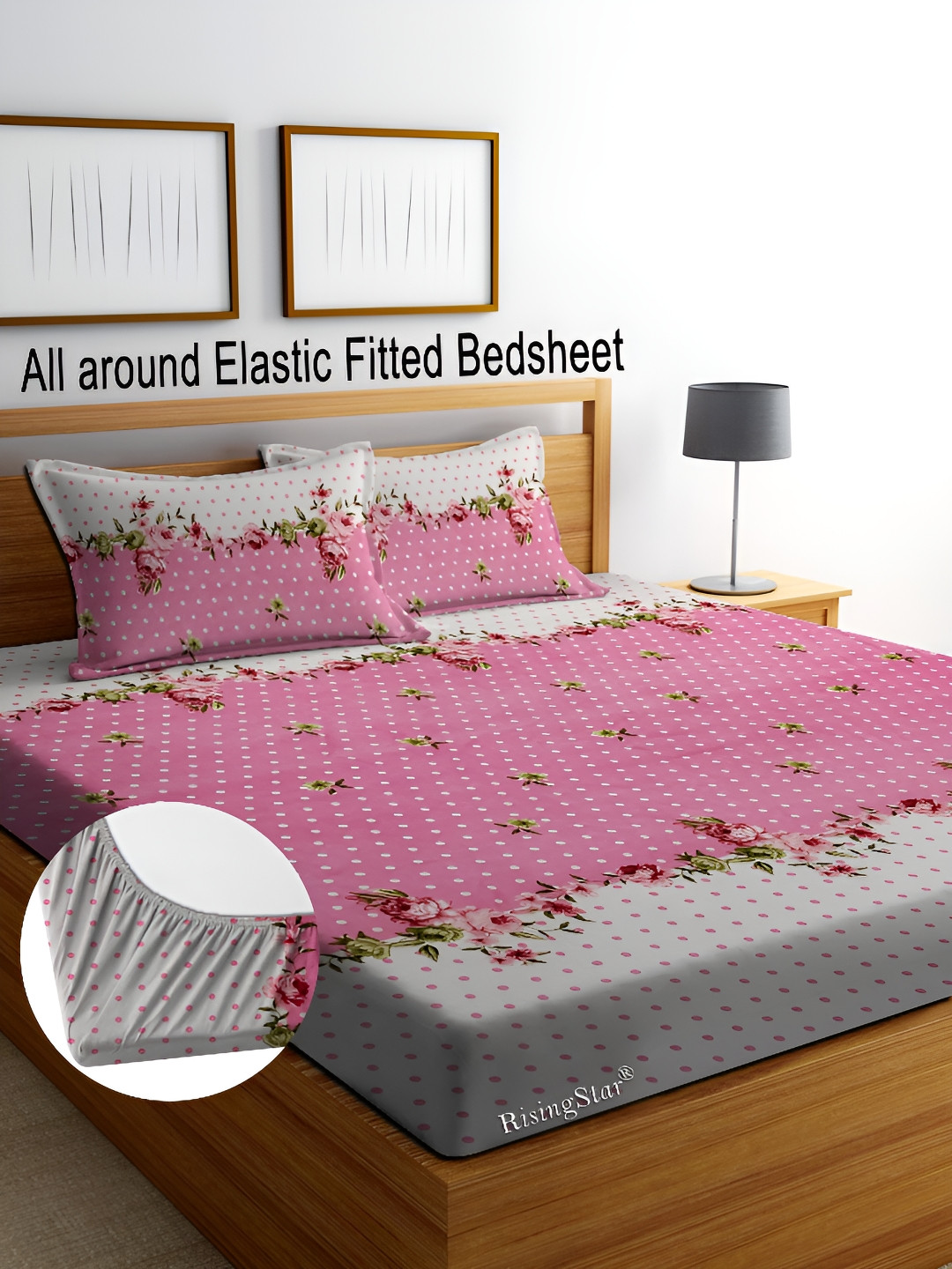 RISING STAR Pink Ethnic Motifs Cotton 250 TC Fitted King Fine Bedsheet with 2 Pillow Covers-78 x 72 inches