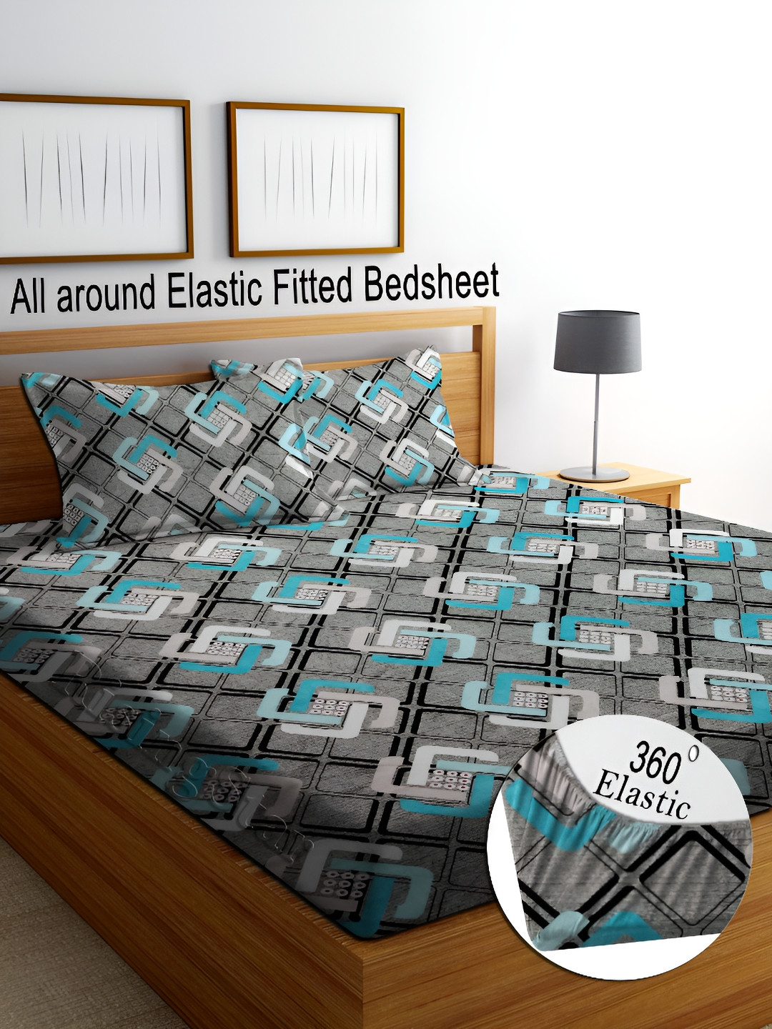 RISING STAR Lounge Fur Grey Geometric Cotton 250 TC Fitted King Fine Bedsheet with 2 Pillow Covers-78 x 72 inches