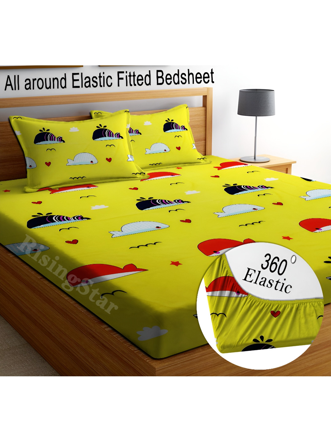 RISING STAR Yellow Animal Microfiber 350 TC Fitted King Superfine Bedsheet with 2 Pillow Covers-78 x 72 inches