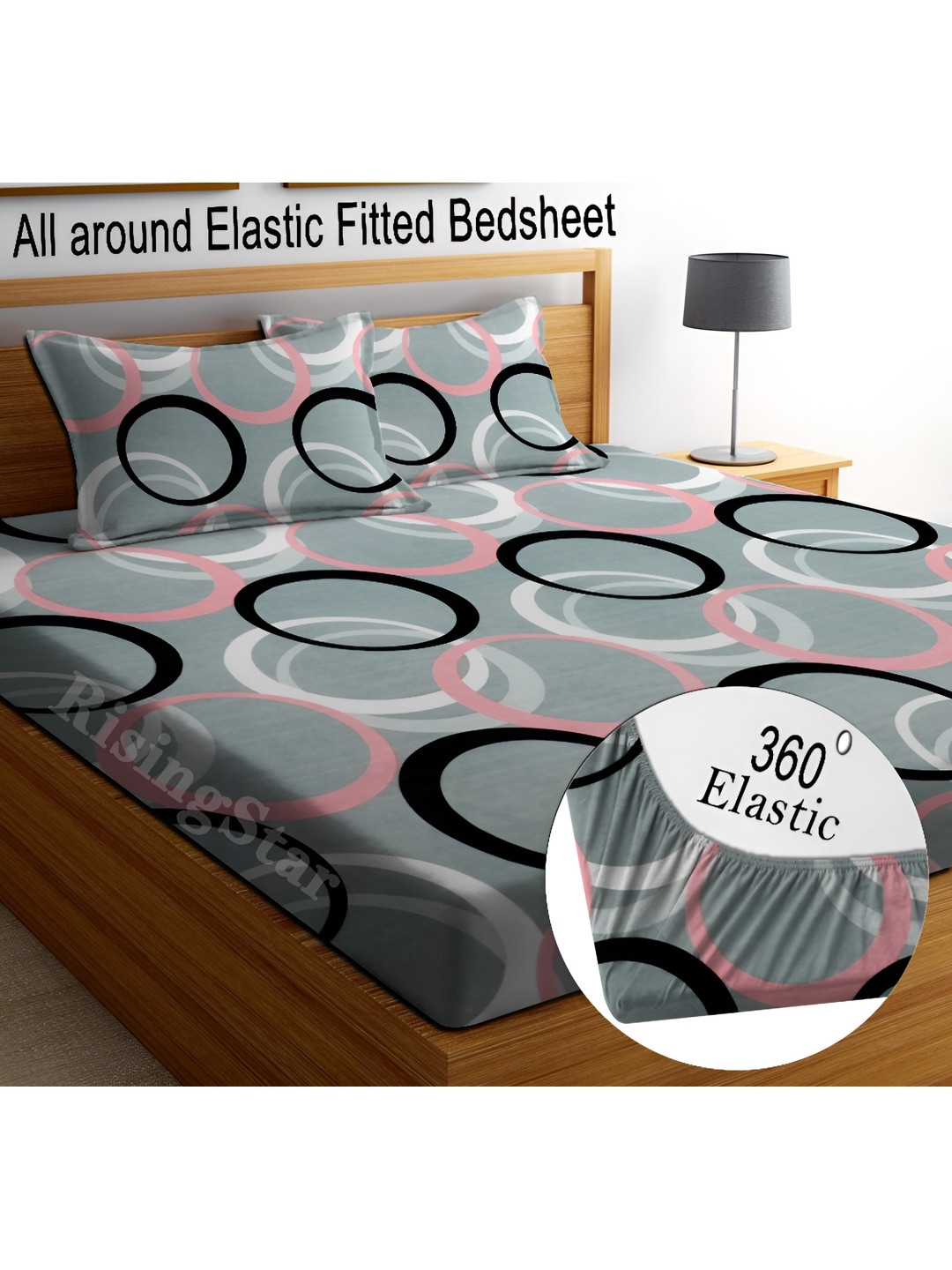 RISING STAR Grey Geometric Microfiber 250 TC Fitted King Fine Bedsheet with 2 Pillow Covers-78 x 72 inches