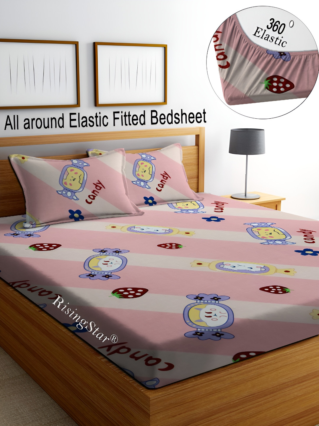 RISING STAR Valentines Day Special Pink Conversational Microfiber 350 TC Fitted King Superfine Bedsheet with 2 Pillow Covers-78 x 72 inches