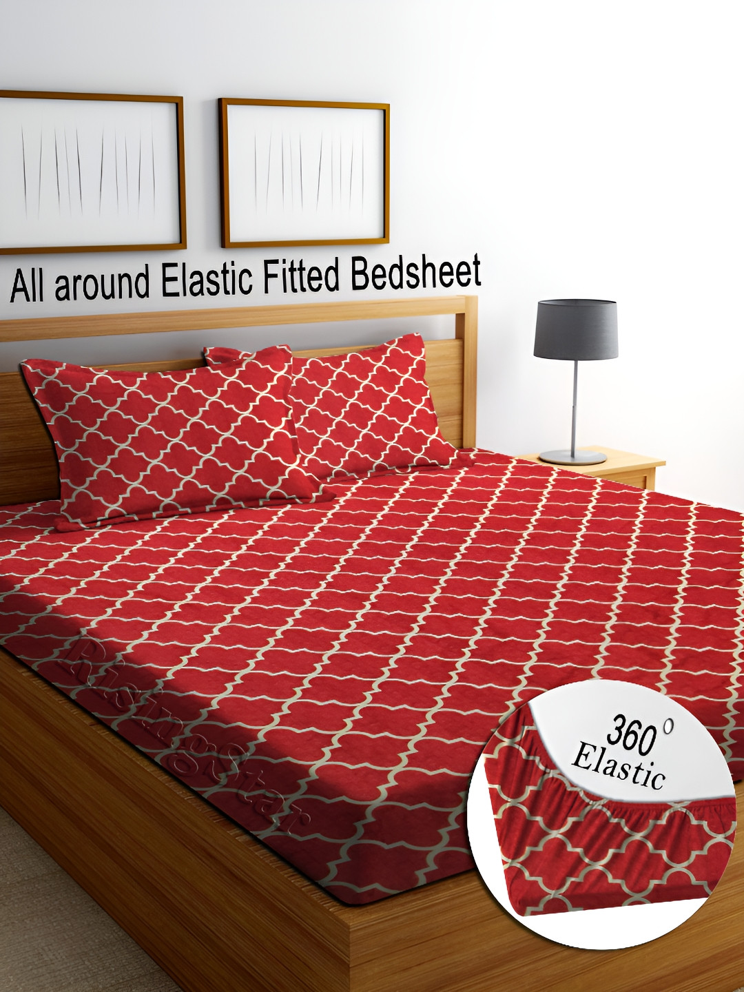RISING STAR Red Geometric Cotton 350 TC Fitted King Superfine Bedsheet with 2 Pillow Covers-78 x 72 inches