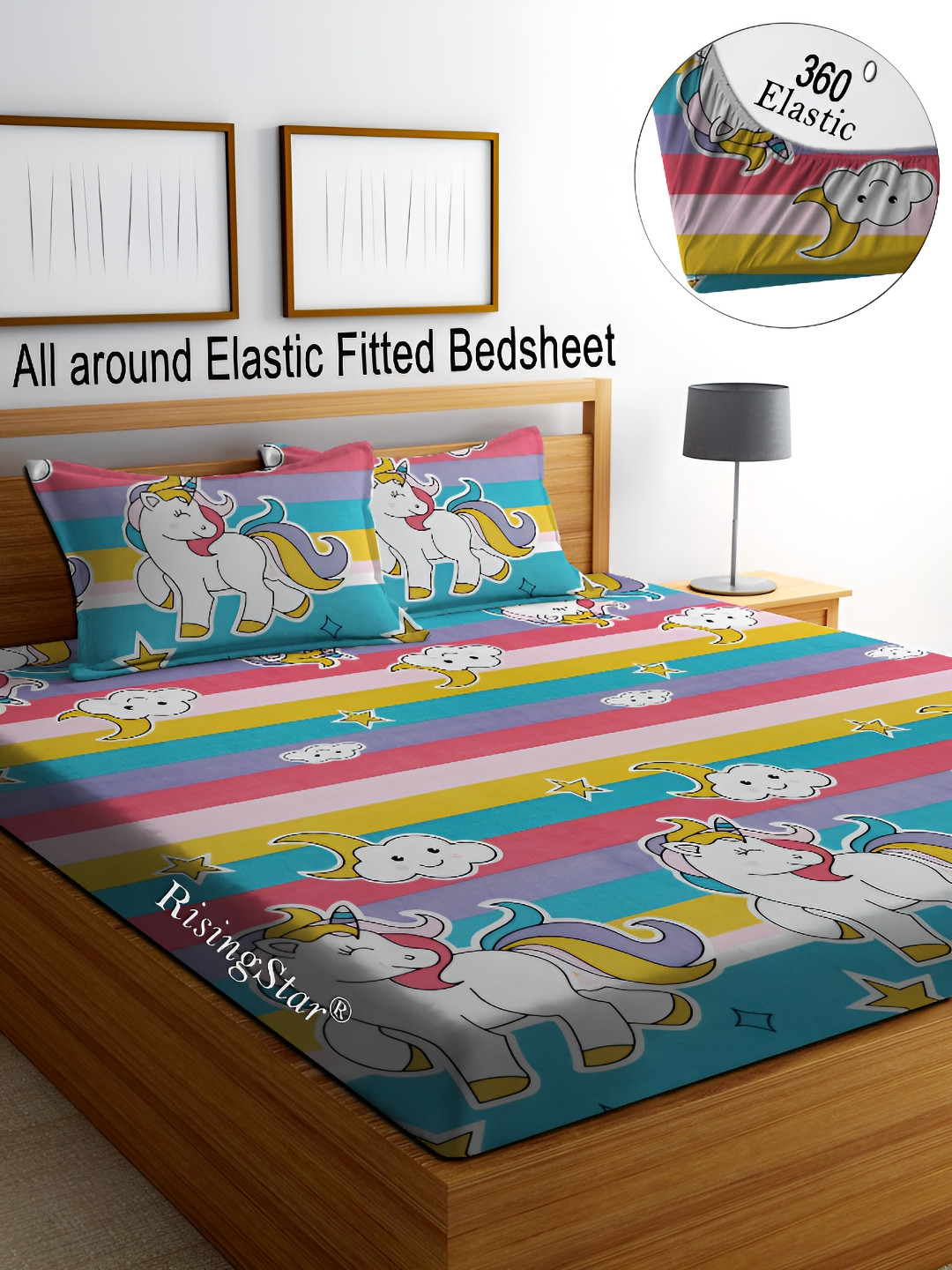 RISING STAR Yellow Cartoon Characters Microfiber 350 TC Fitted King Superfine Bedsheet with 2 Pillow Covers-78 x 72 inches