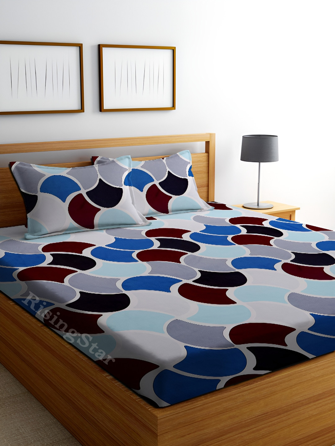 RISING STAR Blue Geometric Microfiber 240 TC King Fine Bedsheet with 2 Pillow Covers-59 x 87 inches