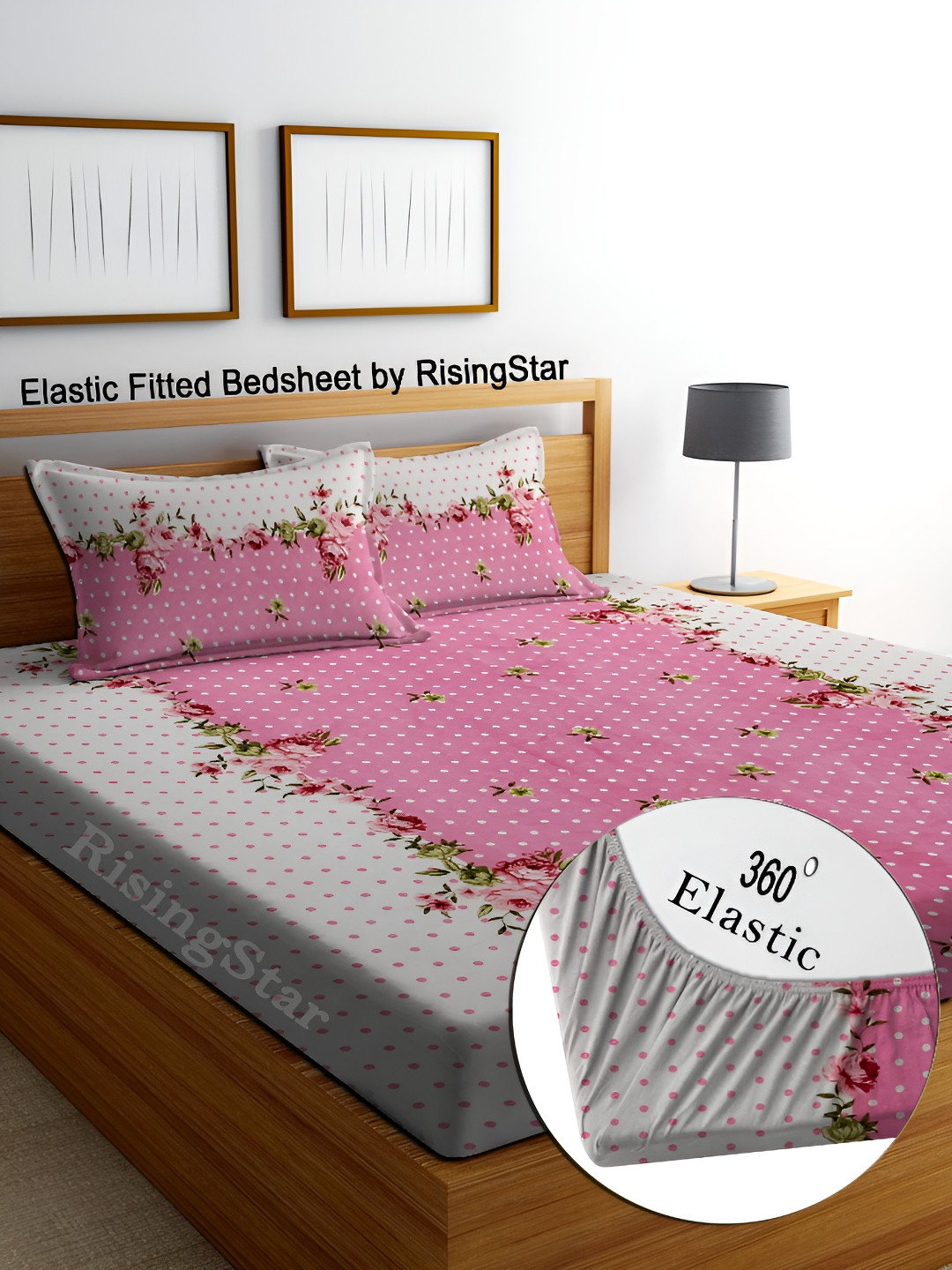 RISING STAR Pink Floral Cotton 250 TC Fitted King Fine Bedsheet with 2 Pillow Covers-78 x 72 inches