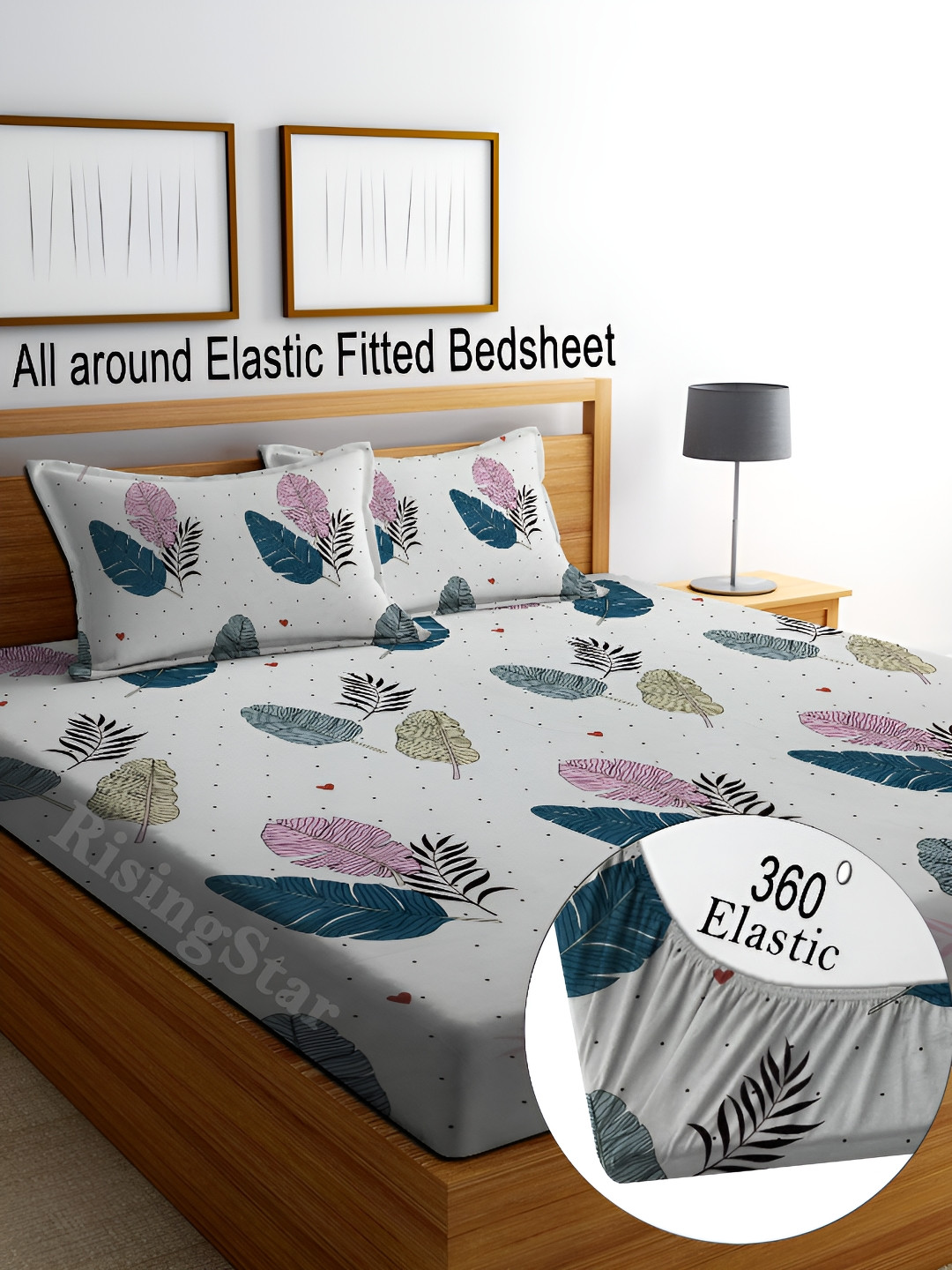 RISING STAR White Leaf Cotton 350 TC Fitted King Fine Bedsheet with 2 Pillow Covers-87 x 93 inches