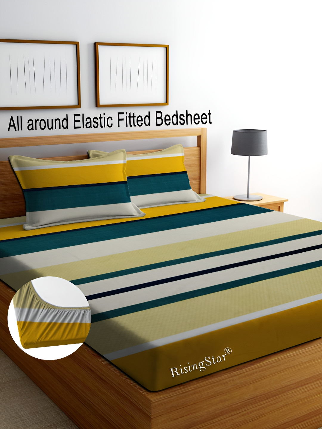 RISING STAR Blue Striped Cotton 250 TC Fitted King Fine Bedsheet with 2 Pillow Covers-78 x 72 inches
